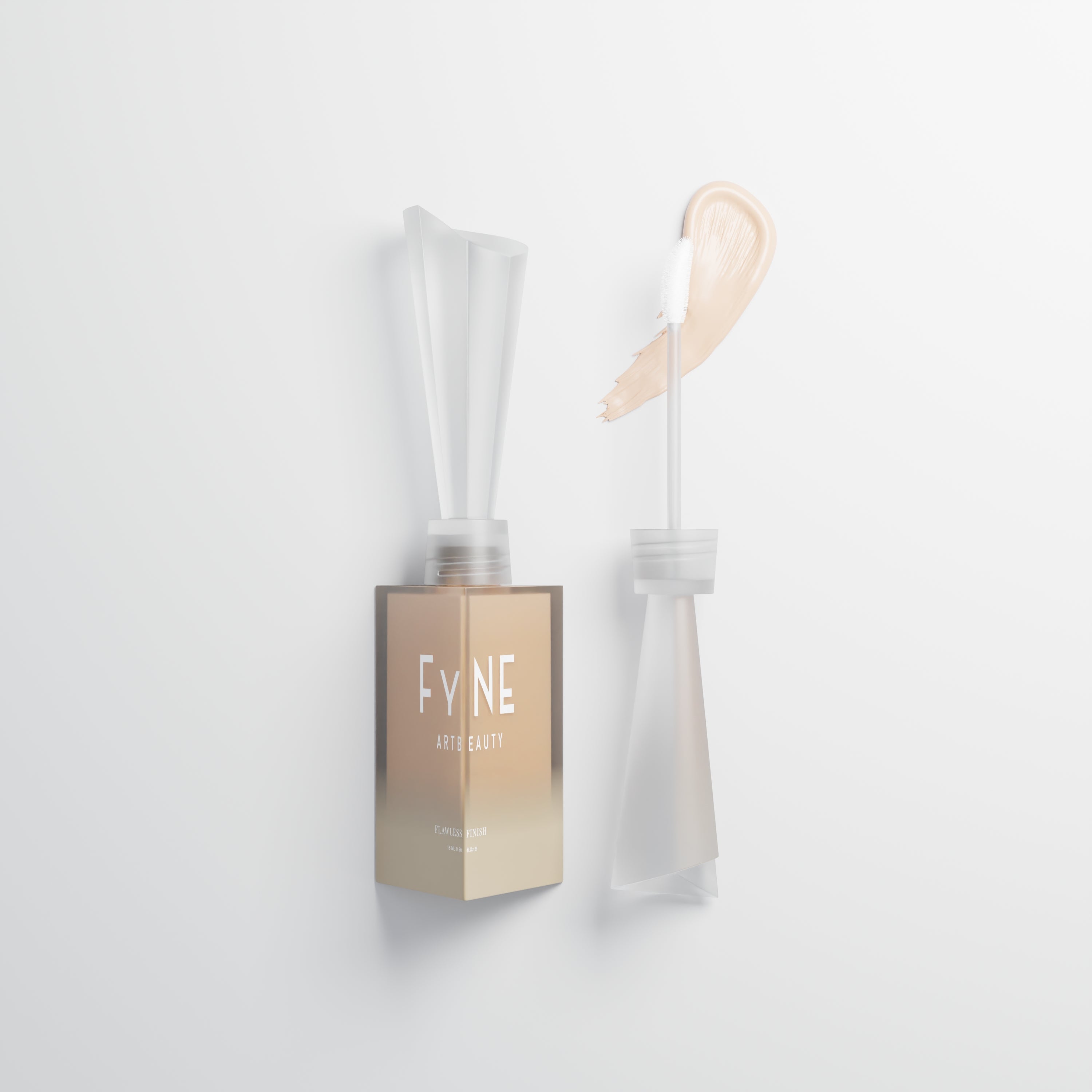 Flawless Finish Full Coverage Liquid Concealer by Fyne Cosmetics in a glass bottle and glass lid with sponge applicator
