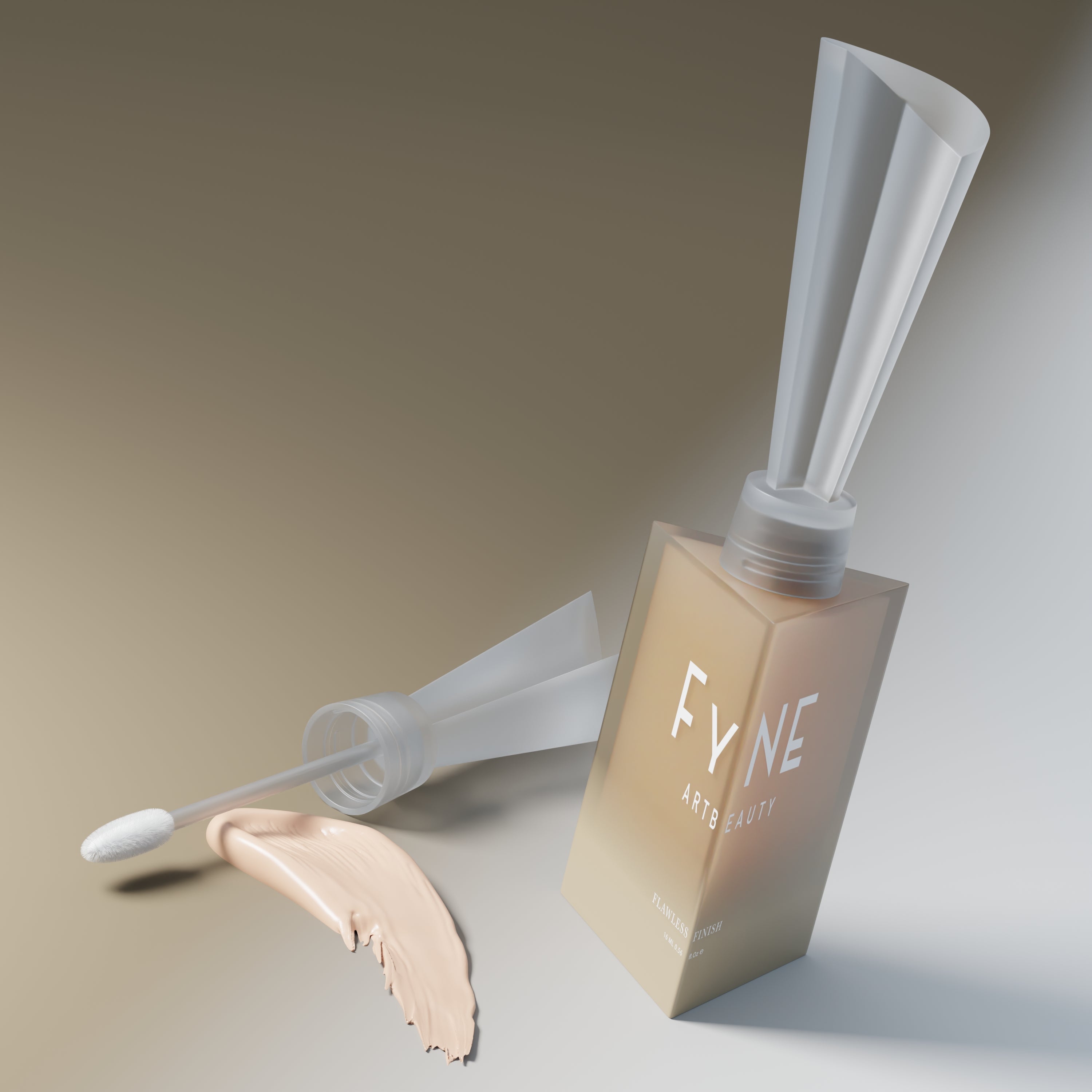 Flawless Finish Full Coverage Liquid Concealer by Fyne Cosmetics in a glass pyramid bottle and glass lid with sponge applicator on a beige background