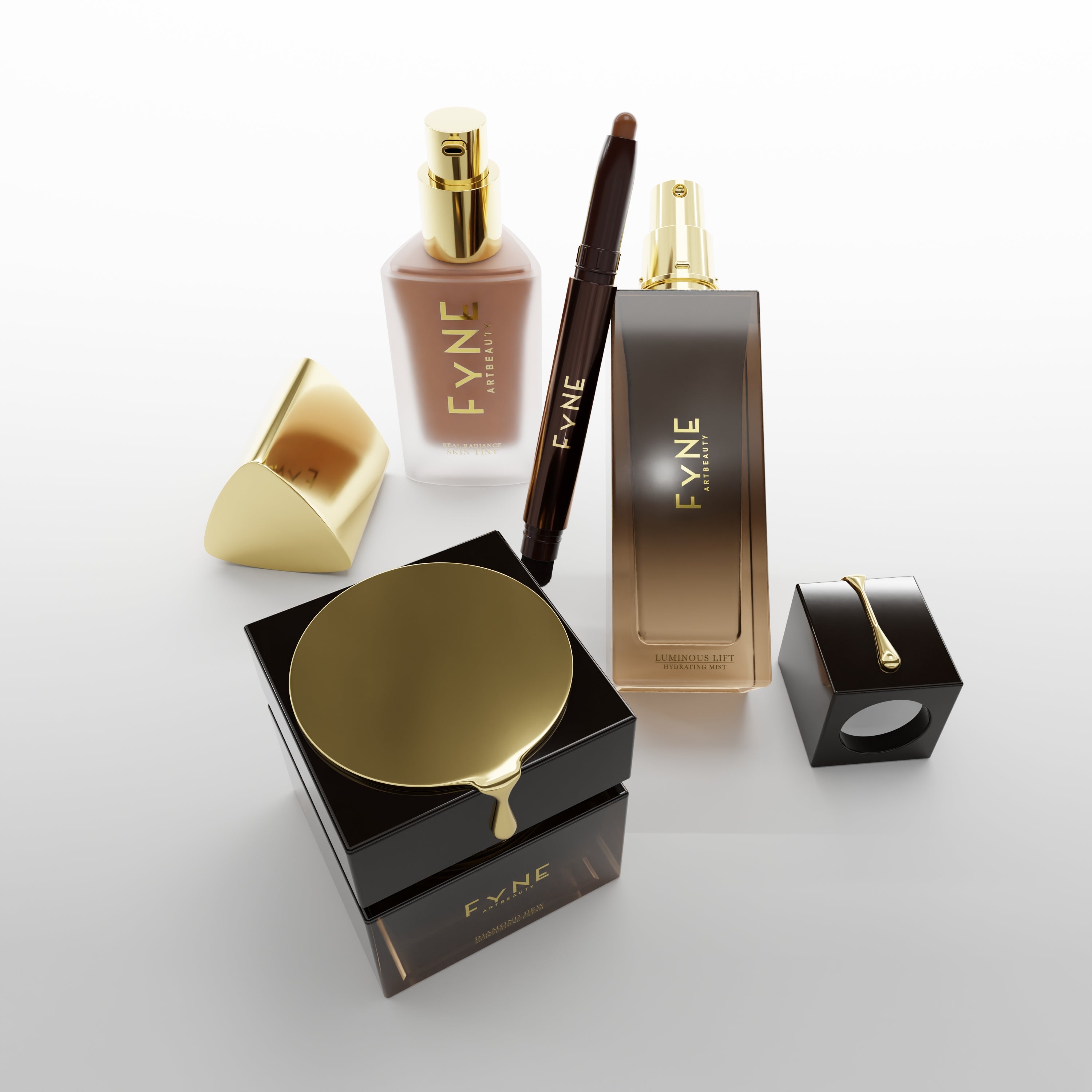 Sculpted Glass Skin Makeup and SKincare Set by Fyne Cosmetics featuring a moisturiser, skin tint, contour stick and hydrating face mist