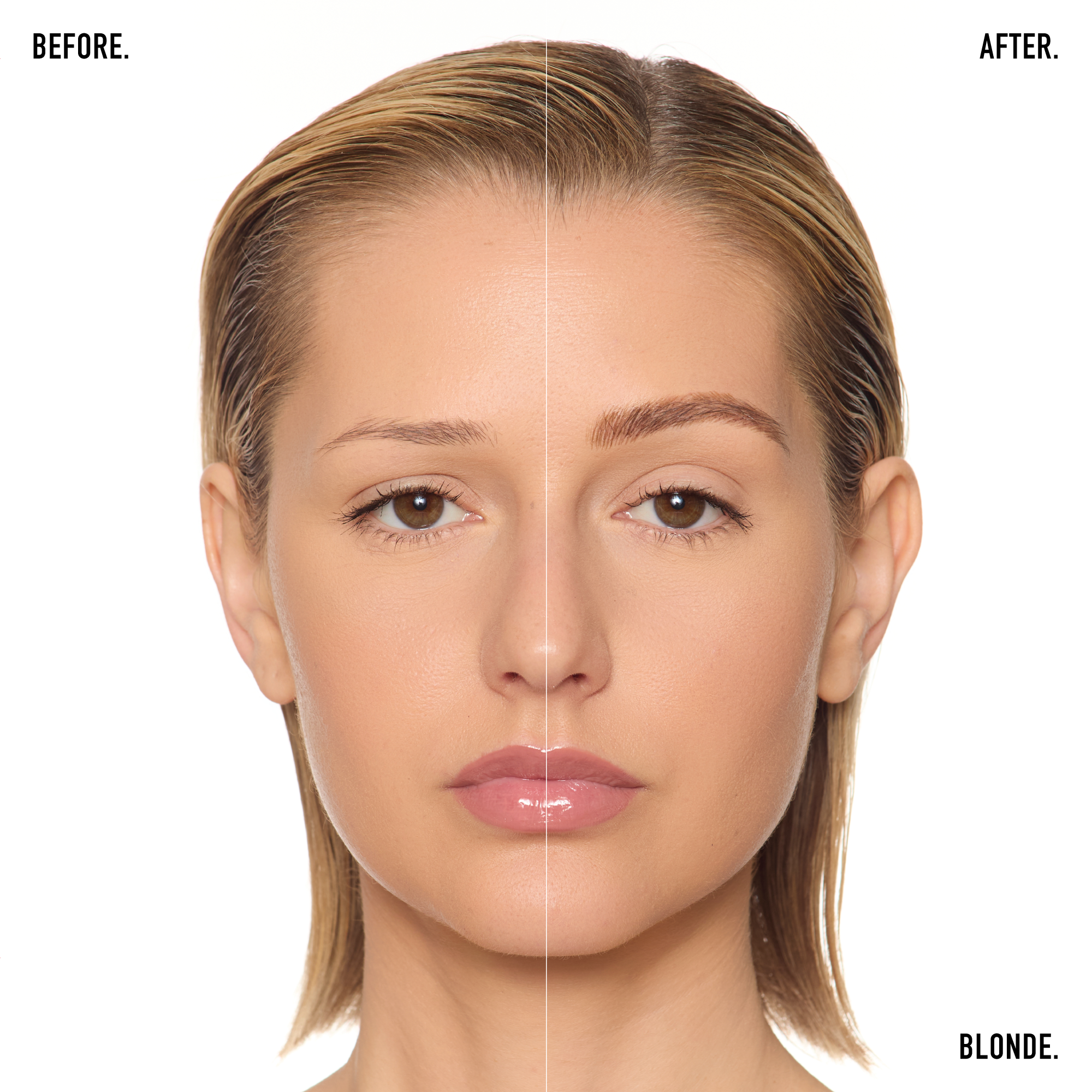 Before and after comparison of a woman's eyebrows using the Fyne Cosmetics eyebrow stroke pen