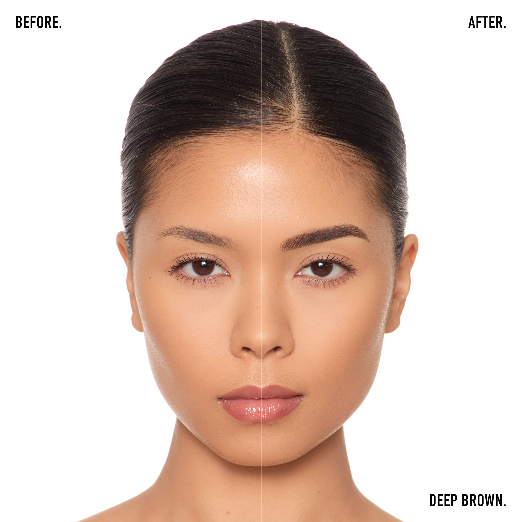 Before and after of a womans eyebrows after using the Fyne Cosmetics eyebrow stroke pen in deep brown used for microblading eyebrow strokes