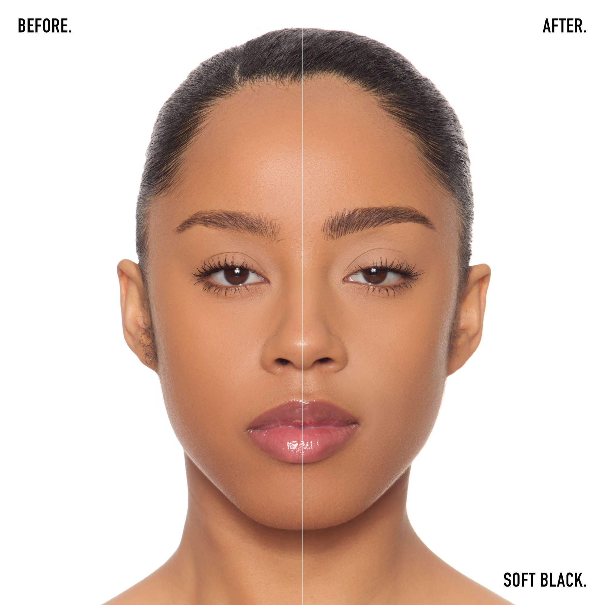 Before and after of a womans eyebrows after using the Fyne Cosmetics eyebrow stroke pen in soft black used for microblading eyebrow strokes