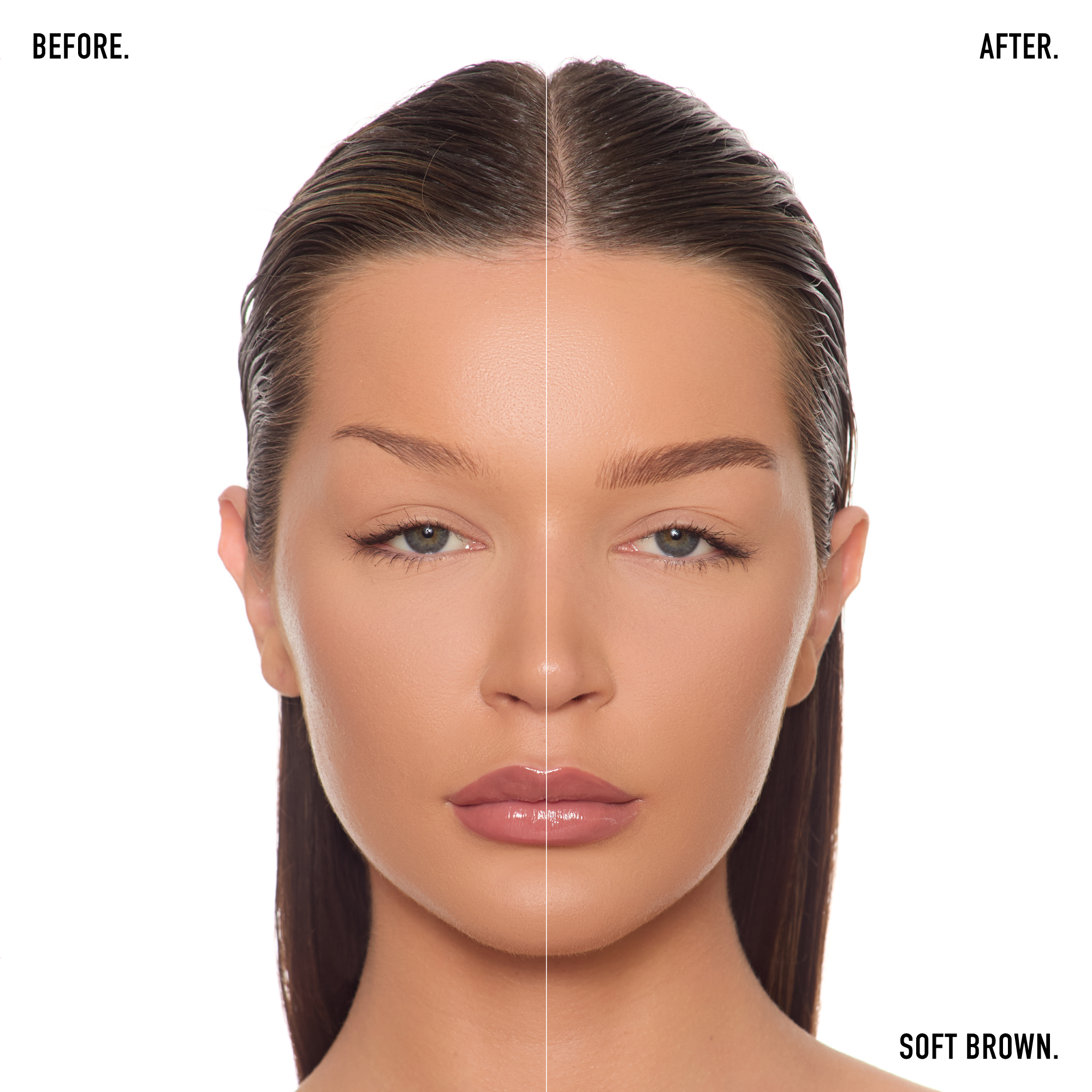 Before and after of a womans eyebrows using the Fyne Cosmetics eyebrow stroke pen in soft brown used for microblading eyebrow strokes on a light grey background