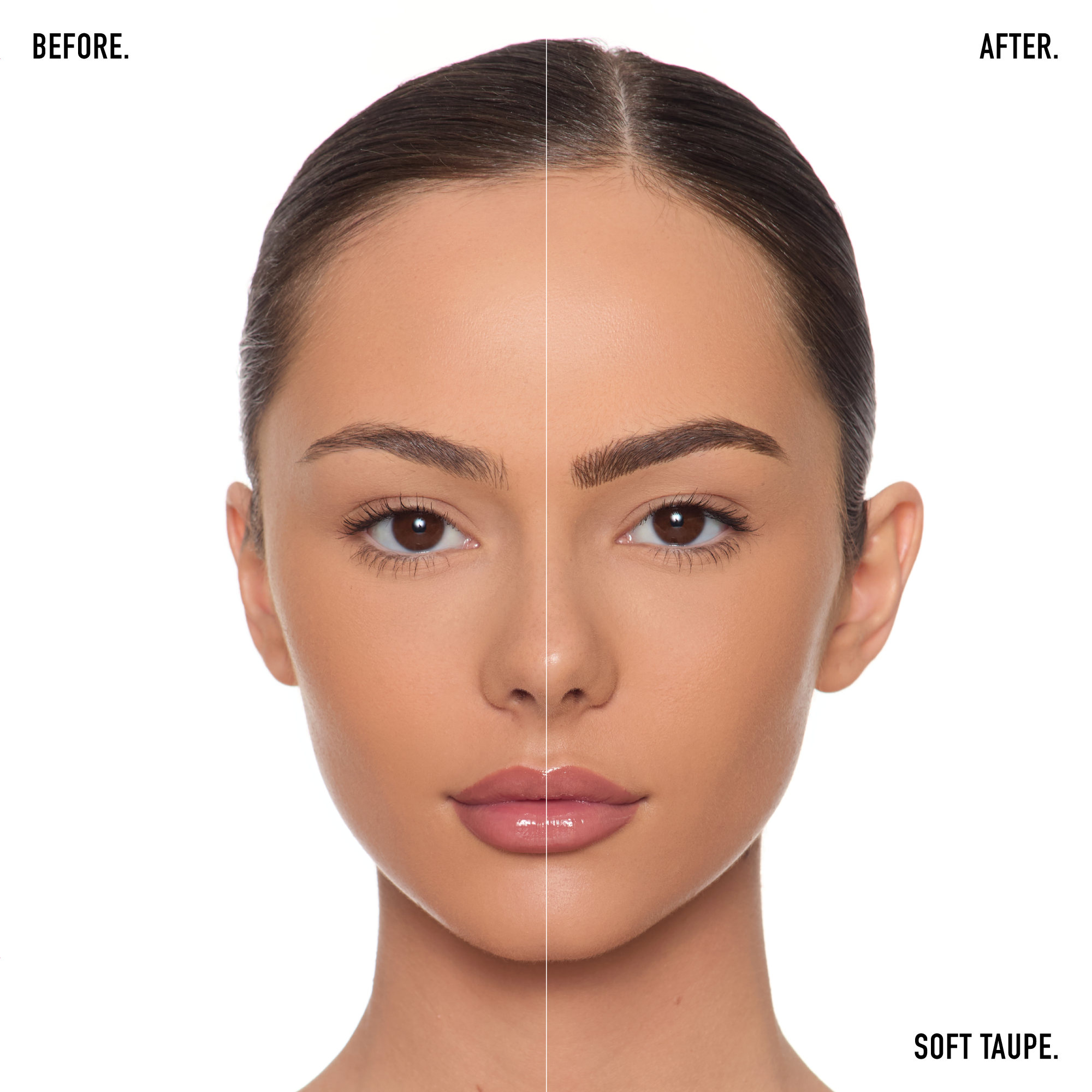 Before and after of a womans eyebrows after using the Fyne Cosmetics eyebrow stroke pen in soft taupe used for microblading eyebrow strokes