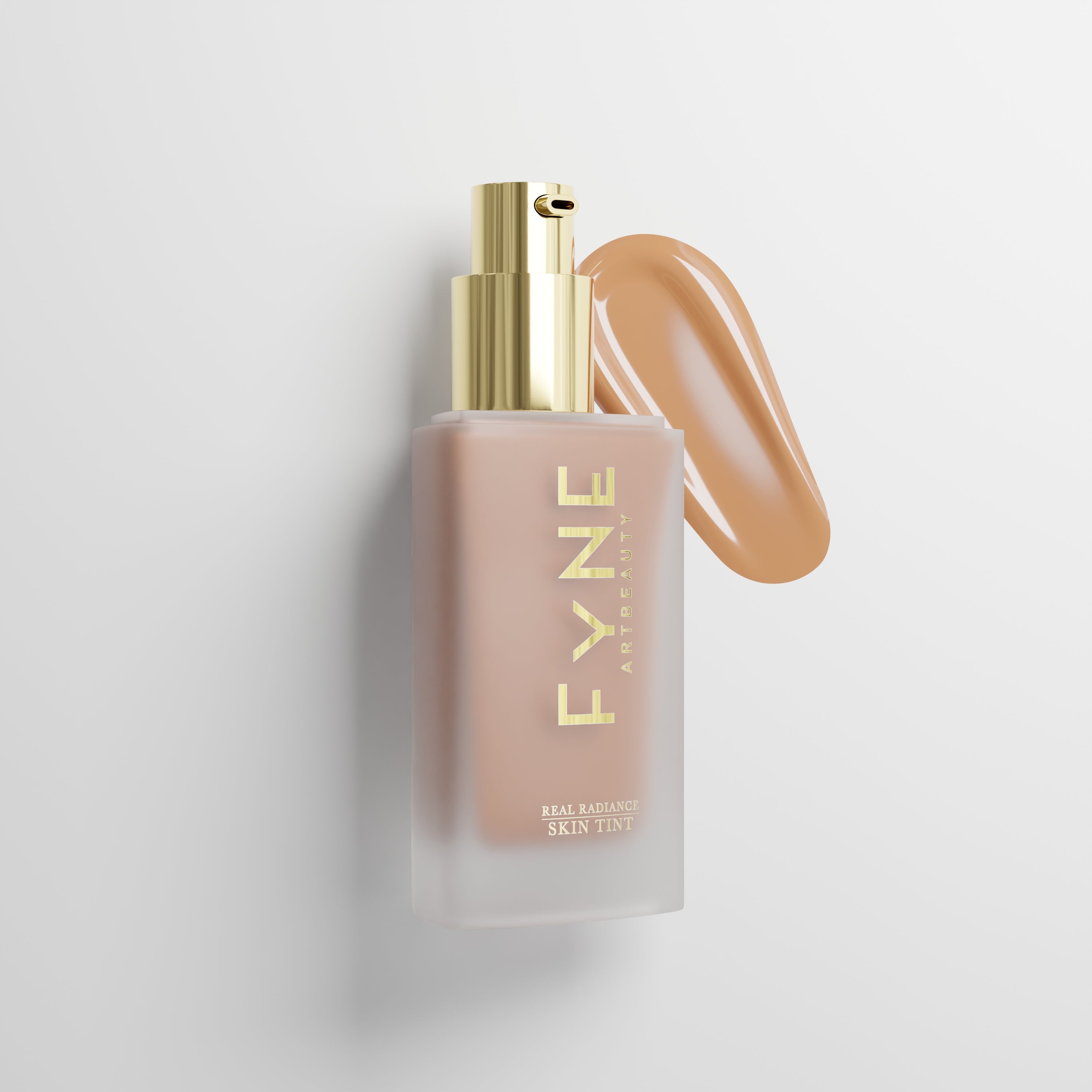 Fyne Real Radiance Skin Tint glass bottle with gold applicator and swatch of the product next to it